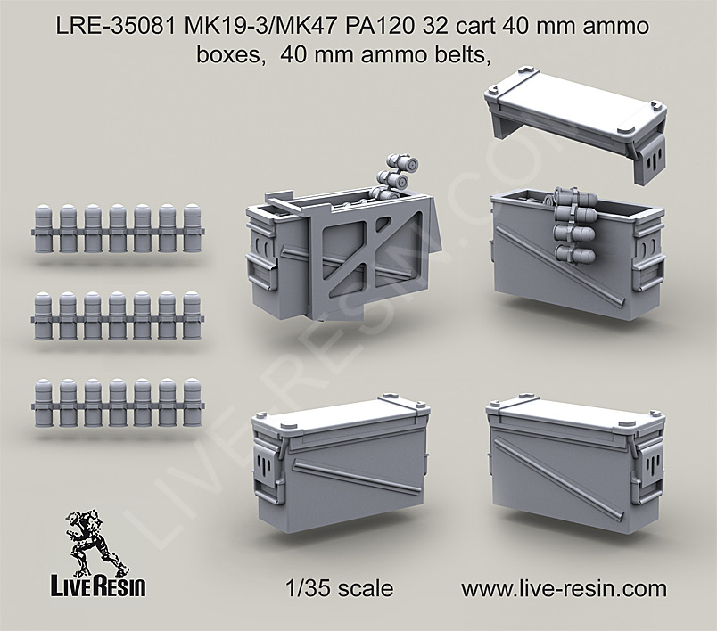 1/35 MK19-3/MK47 PA120 32 Cart Ammo Boxes, Ammo Belts - Click Image to Close