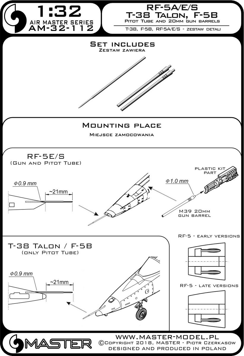 1/32 T-38 Talon, F-5B, RF-5A/E/S - Pitot Tube and 20mm Barrels - Click Image to Close
