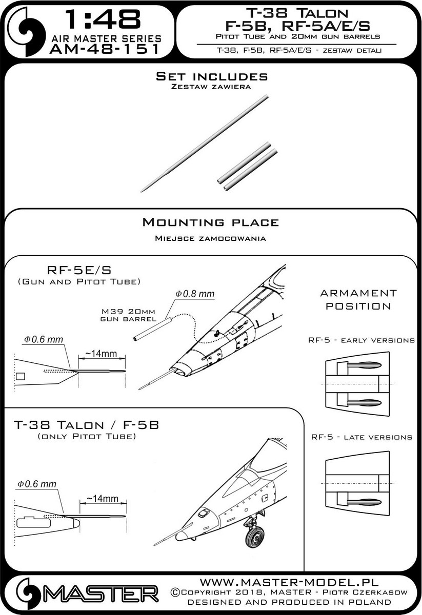 1/48 T-38 Talon, F-5B, RF-5A/E/S - Pitot Tube and 20mm Barrels - Click Image to Close