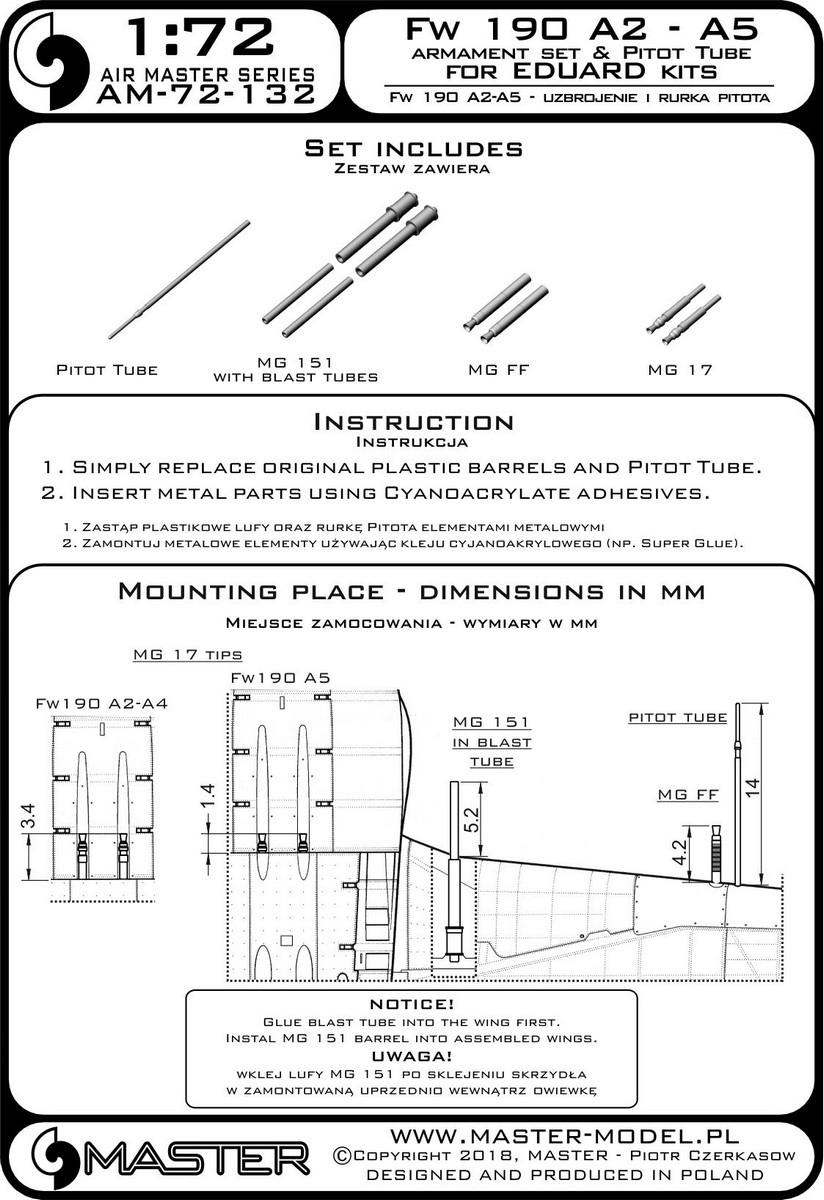 1/72 Fw190A-2 ~ A-5 Armament Set (MG-17/151, MG-FF, Pitot Tube) - Click Image to Close