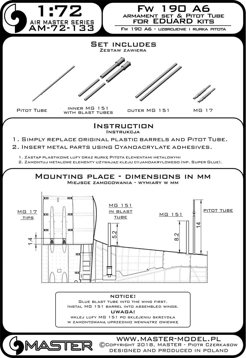1/72 Fw190A-6 Armament Set (MG-17, MG-151, MG-FF, Pitot Tube) - Click Image to Close