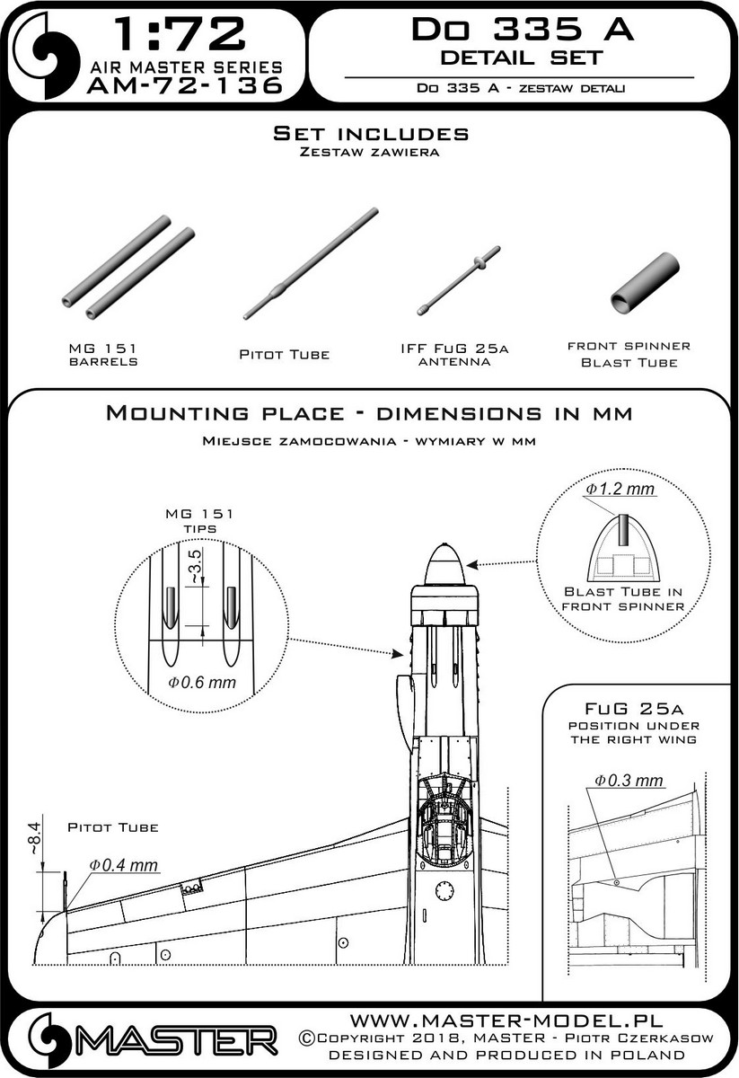 1/72 Do335A Detail Set (MG-151, FuG-25a Antenna, Pitot Tube) - Click Image to Close