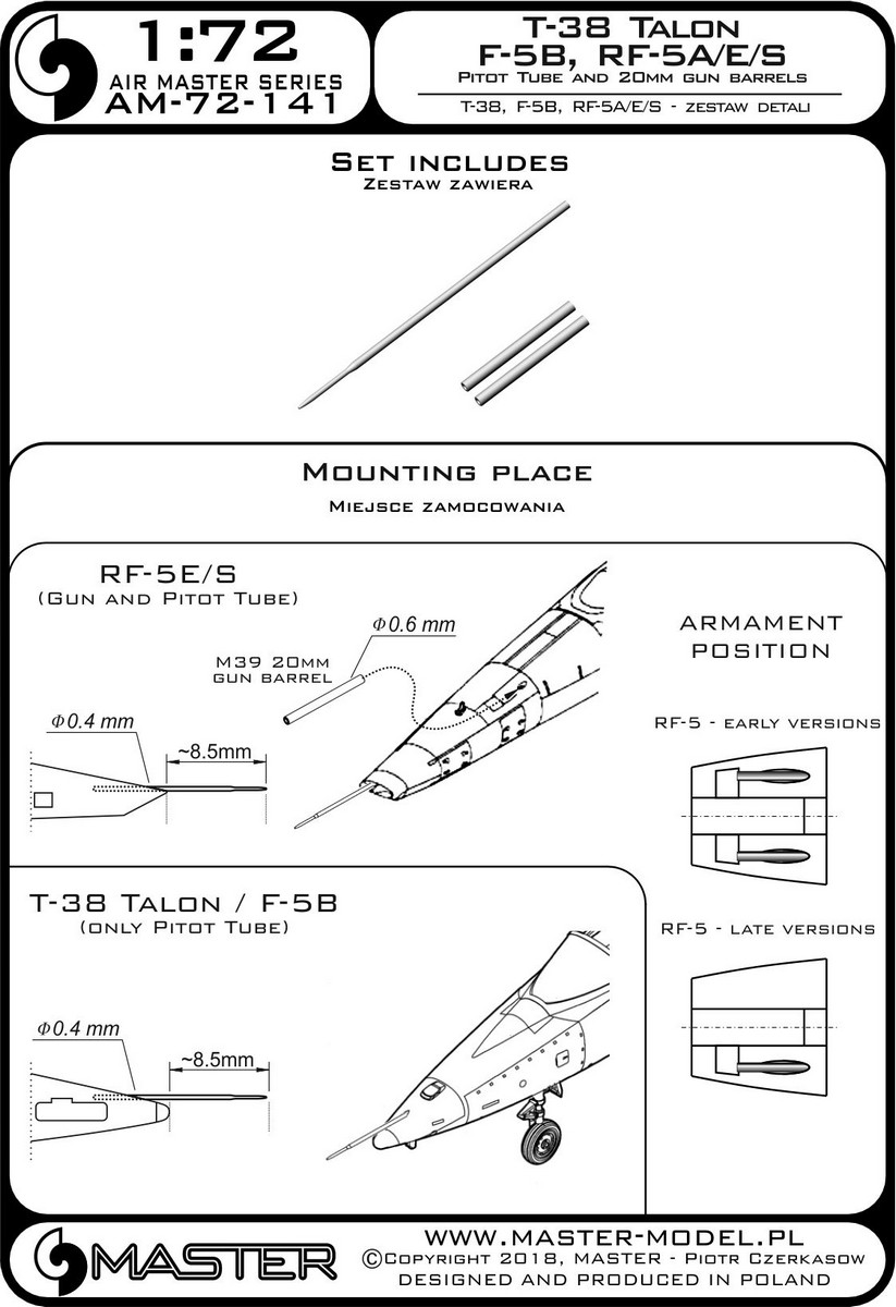 1/72 T-38 Talon, F-5B, RF-5A/E/S - Pitot Tube and 20mm Barrels - Click Image to Close