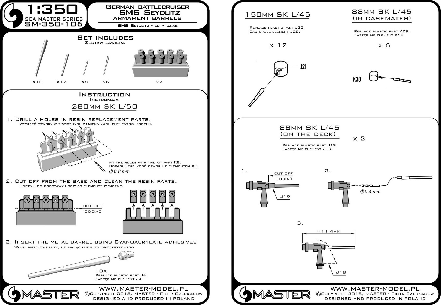 1/350 SMS Seydlitz 280mm, 150mm, 88mm Barrels with Resin Mounts - Click Image to Close
