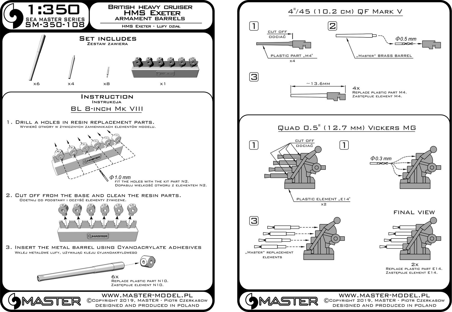 1/350 HMS Exeter 1939 Armament Barrels (8in, 4in, Vickers 0.5in) - Click Image to Close